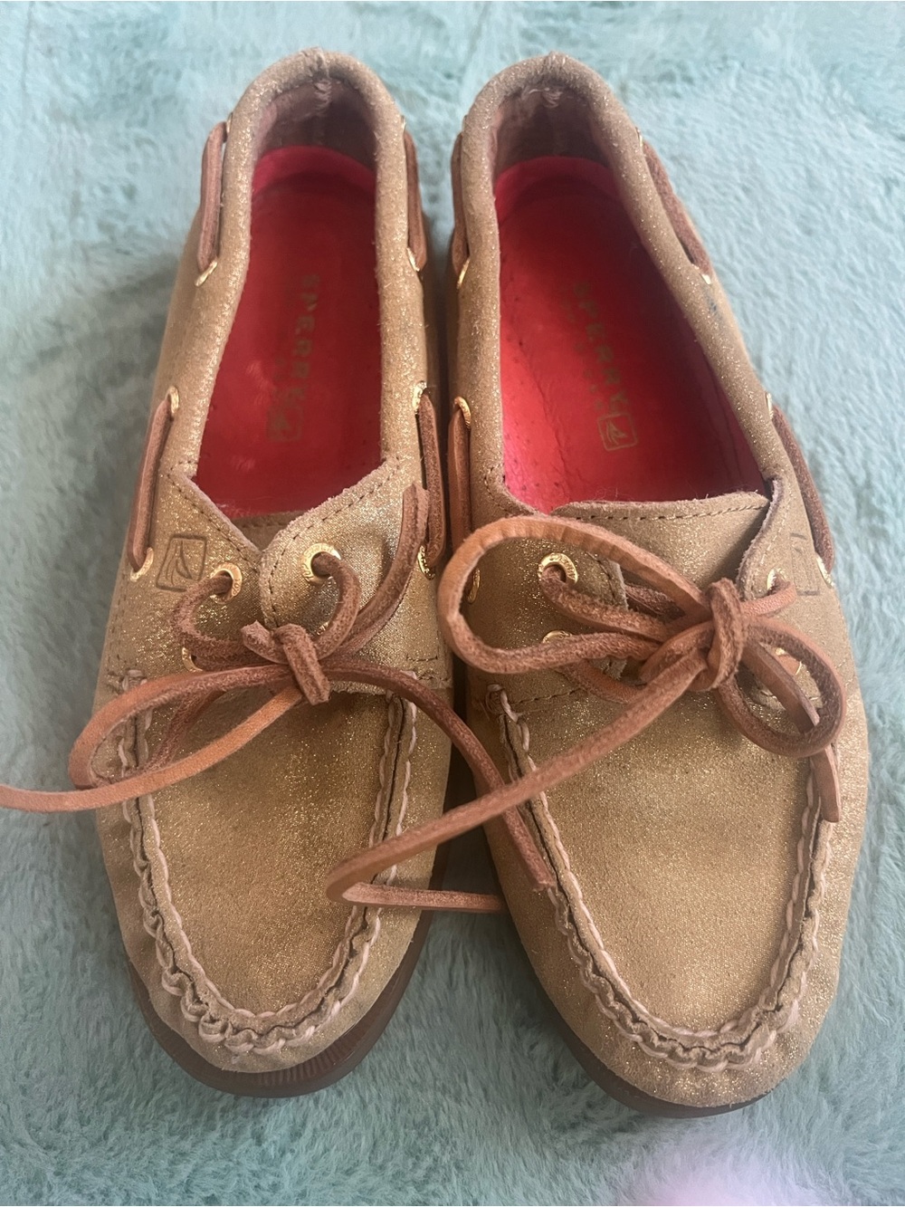 Women's Sperry Top-Sider Gold Sparkly Boat Shoes with Red Insole